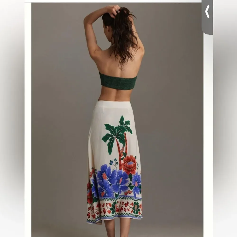 FARM Rio Satin Slip Floral Midi Skirt NWT